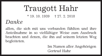 Traueranzeige von Traugott Hahr von Kreiszeitung Böblinger Bote