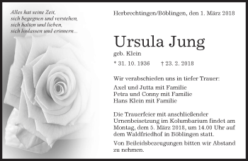 Traueranzeige von Ursula Jung von Kreiszeitung Böblinger Bote