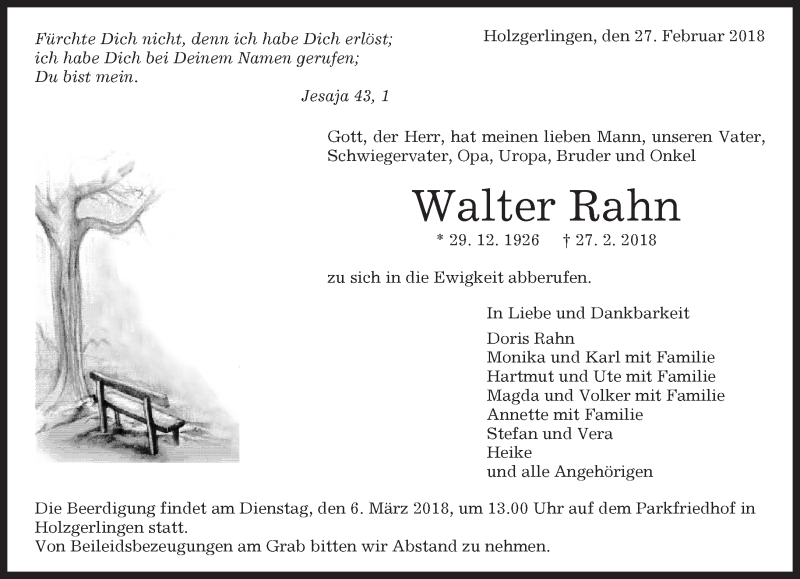  Traueranzeige für Walter Rahn vom 02.03.2018 aus Kreiszeitung Böblinger Bote