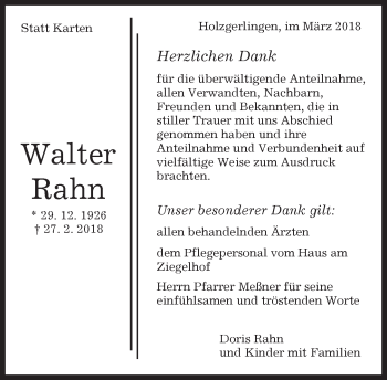 Traueranzeige von Walter Rahn von Kreiszeitung Böblinger Bote