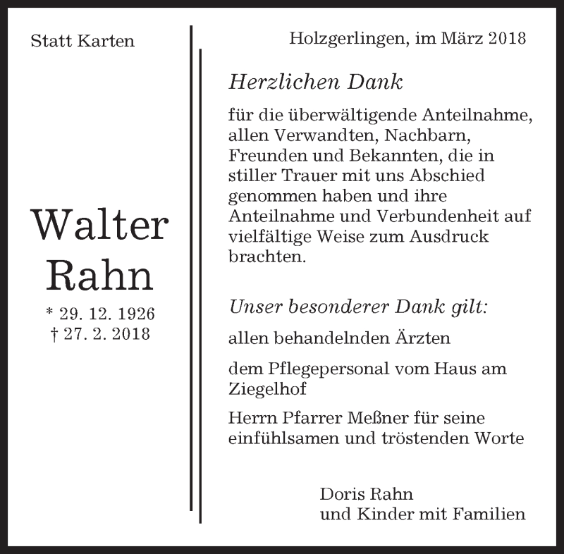  Traueranzeige für Walter Rahn vom 23.03.2018 aus Kreiszeitung Böblinger Bote