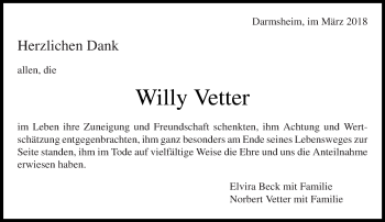 Traueranzeige von Willy Vetter von Kreiszeitung Böblinger Bote