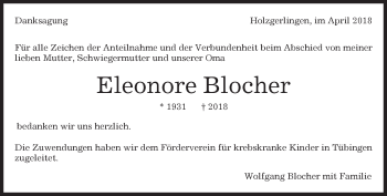 Traueranzeige von Eleonore Blocher von Kreiszeitung Böblinger Bote