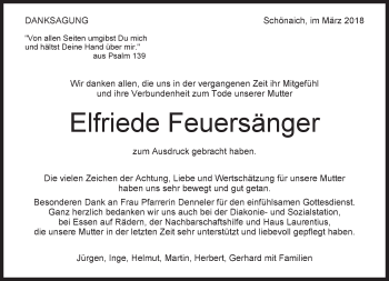 Traueranzeige von Elfriede Feuersänger von Kreiszeitung Böblinger Bote