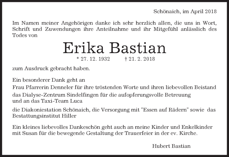  Traueranzeige für Erika Bastian vom 26.04.2018 aus Kreiszeitung Böblinger Bote