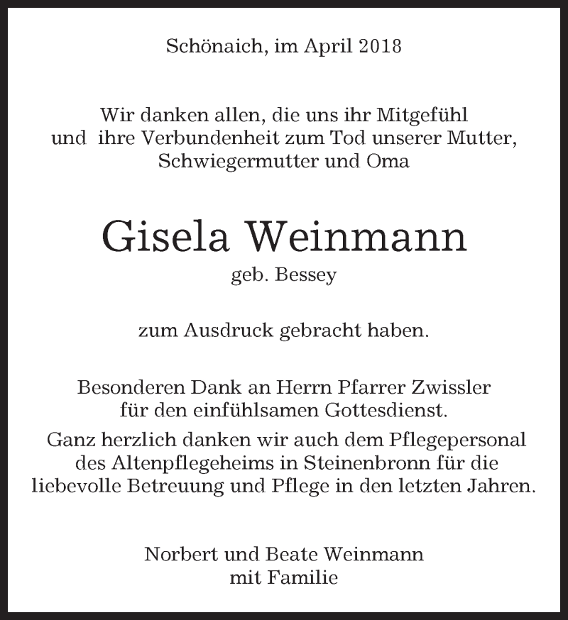  Traueranzeige für Gisela Weinmann vom 19.04.2018 aus Kreiszeitung Böblinger Bote