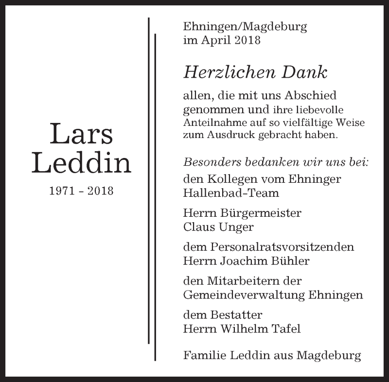  Traueranzeige für Lars Leddin vom 26.04.2018 aus Kreiszeitung Böblinger Bote