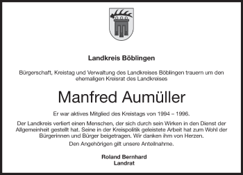 Traueranzeige von Manfred Aumüller von Kreiszeitung Böblinger Bote