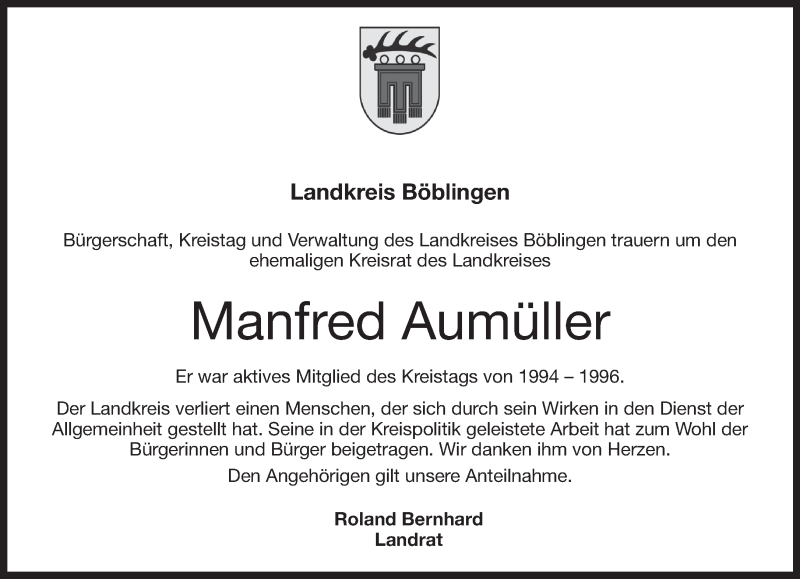  Traueranzeige für Manfred Aumüller vom 20.04.2018 aus Kreiszeitung Böblinger Bote