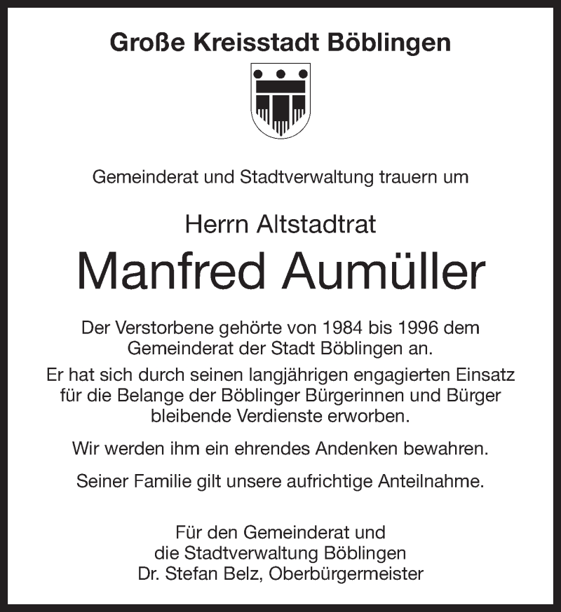  Traueranzeige für Manfred Aumüller vom 19.04.2018 aus Kreiszeitung Böblinger Bote