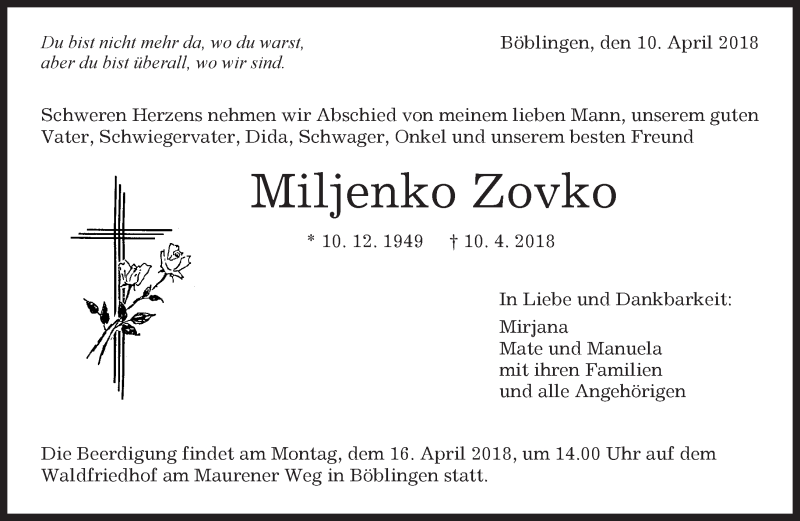  Traueranzeige für Miljenko Zovko vom 12.04.2018 aus Kreiszeitung Böblinger Bote