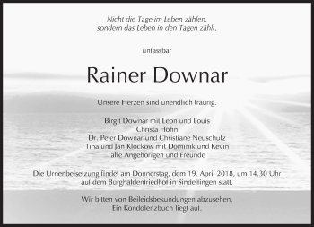 Traueranzeige von Rainer Downar von Kreiszeitung Böblinger Bote