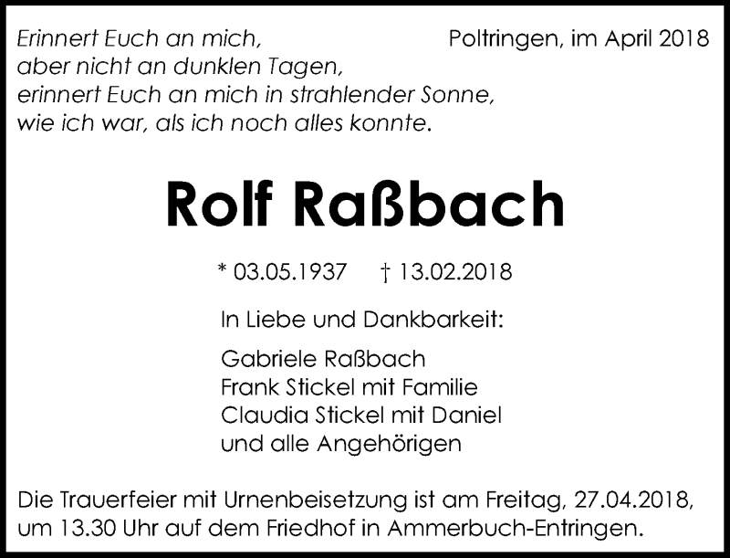  Traueranzeige für Rolf Raßbach vom 26.04.2018 aus Kreiszeitung Böblinger Bote