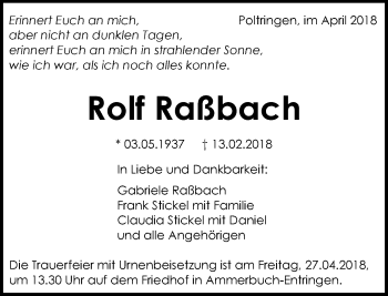 Traueranzeige von Rolf Raßbach von Kreiszeitung Böblinger Bote