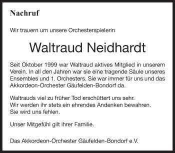 Traueranzeige von Waltraud Neidhardt von Kreiszeitung Böblinger Bote
