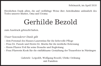 Traueranzeige von Gerhilde Bezold von Kreiszeitung Böblinger Bote