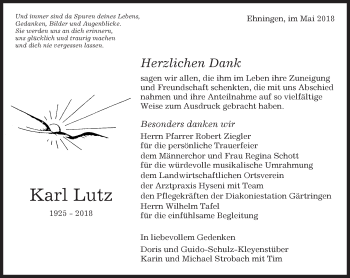 Traueranzeige von Karl Lutz von Kreiszeitung Böblinger Bote