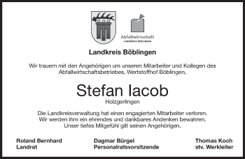 Traueranzeige von Stefan Iacob von Kreiszeitung Böblinger Bote