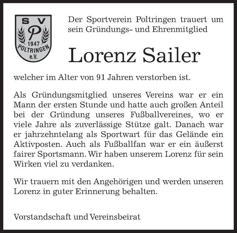  Traueranzeige für Lorenz Sailer vom 07.06.2018 aus Kreiszeitung Böblinger Bote