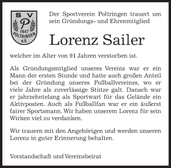 Traueranzeige von Lorenz Sailer von Kreiszeitung Böblinger Bote