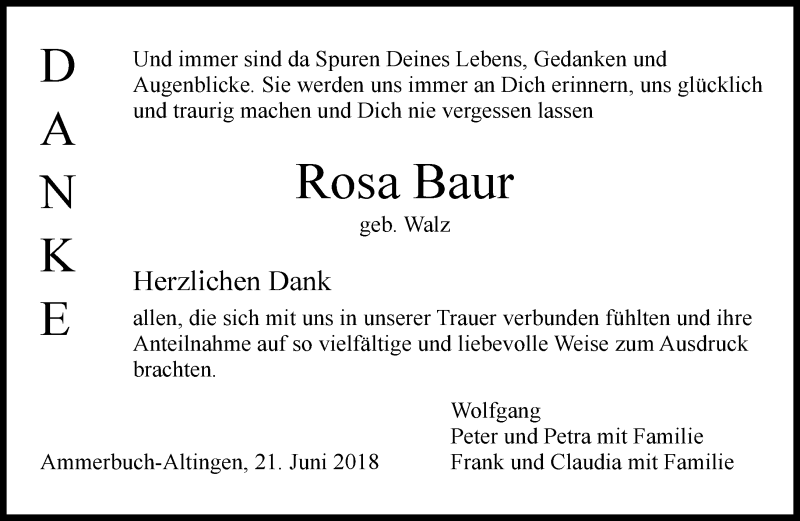  Traueranzeige für Rosa Baur vom 21.06.2018 aus Kreiszeitung Böblinger Bote