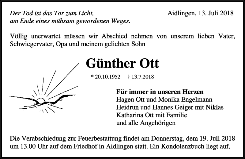  Traueranzeige für Günther Ott vom 17.07.2018 aus Kreiszeitung Böblinger Bote