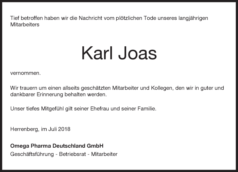  Traueranzeige für Karl Joas vom 07.07.2018 aus Kreiszeitung Böblinger Bote