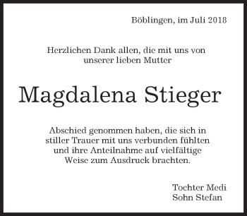 Traueranzeige von Magdalena Stieger von Kreiszeitung Böblinger Bote