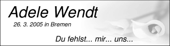 Traueranzeige von Adele Wendt 