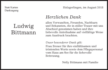 Traueranzeige von Ludwig Bittmann von Kreiszeitung Böblinger Bote