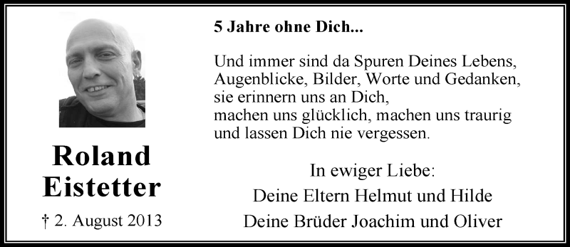 Traueranzeige für Roland Eistetter vom 02.08.2018 aus Kreiszeitung Böblinger Bote