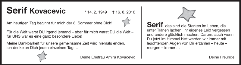  Traueranzeige für Serif Kovacevic vom 16.08.2018 aus Kreiszeitung Böblinger Bote