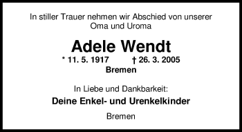 Traueranzeige von Adele Wendt 