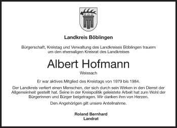 Traueranzeige von Albert Hofmann von Kreiszeitung Böblinger Bote