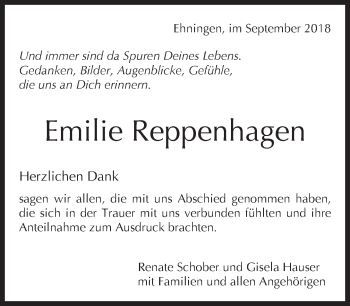 Traueranzeige von Emilie Reppenhagen von Kreiszeitung Böblinger Bote