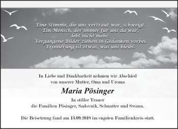 Traueranzeige von Maria Pösinger von Kreiszeitung Böblinger Bote