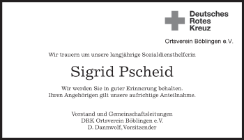 Traueranzeige von Sigrid Pscheid von Kreiszeitung Böblinger Bote