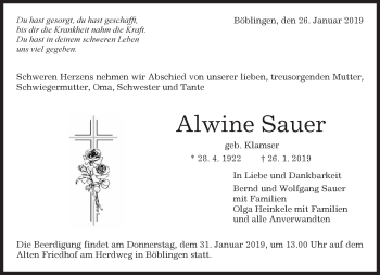 Traueranzeige von Alwine Sauer von Kreiszeitung Böblinger Bote