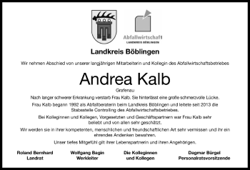 Traueranzeige von Andrea Kalb von Kreiszeitung Böblinger Bote