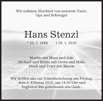 Traueranzeige von Hans Stenzl von Kreiszeitung Böblinger Bote