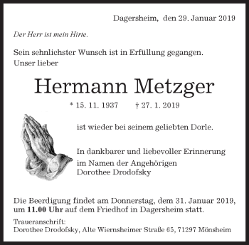 Traueranzeige von Hermann Metzger von Kreiszeitung Böblinger Bote