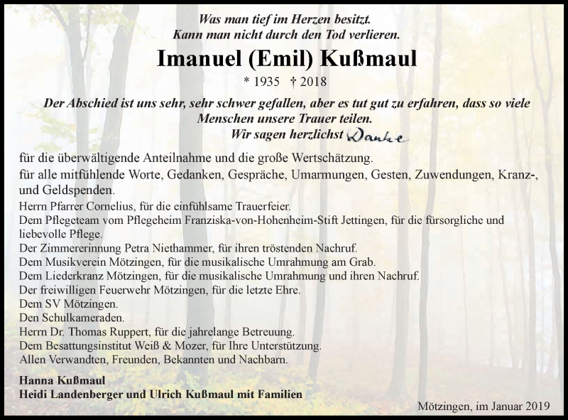  Traueranzeige für Imanuel Kußmaul vom 24.01.2019 aus Kreiszeitung Böblinger Bote