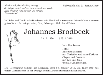 Traueranzeige von Johannes Brodbeck von Kreiszeitung Böblinger Bote