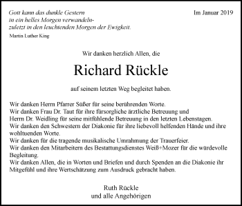 Traueranzeige von Richard Rückle von Kreiszeitung Böblinger Bote