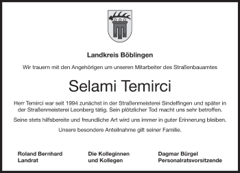 Traueranzeige von Selami Temirci von Kreiszeitung Böblinger Bote