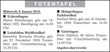 Traueranzeige von Totentafel vom 08.01.2019 von Kreiszeitung Böblinger Bote