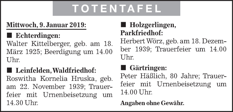  Traueranzeige für Totentafel vom 08.01.2019 vom 08.01.2019 aus Kreiszeitung Böblinger Bote