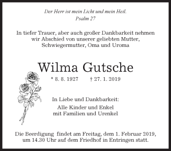 Traueranzeige von Wilma Gutsche von Kreiszeitung Böblinger Bote