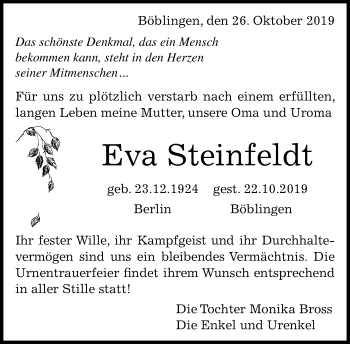 Traueranzeige von Eva Steinfeldt von Kreiszeitung Böblinger Bote