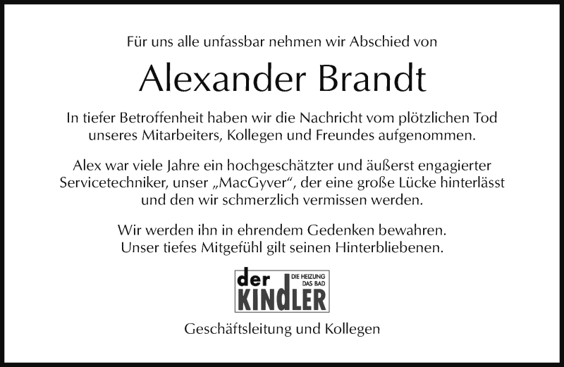  Traueranzeige für Alexander Brandt vom 22.11.2019 aus Kreiszeitung Böblinger Bote